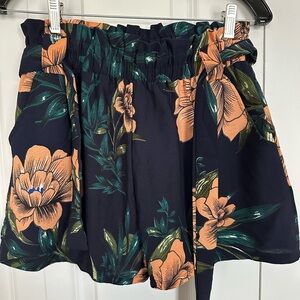 Navy flower printed belted shorts